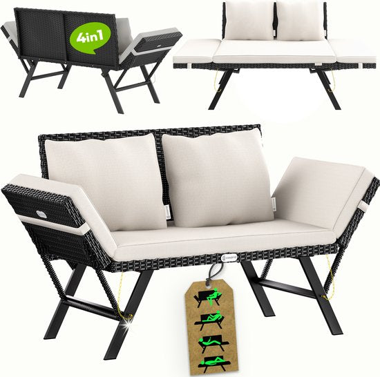 Casaria Polyrattan Tuinbank – 176 cm Verstelbaar Incl. Kussens – Zwart