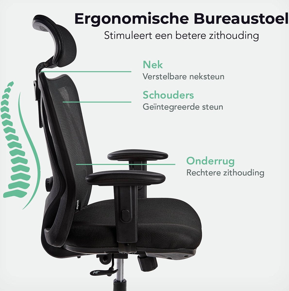 LifeGoods Ergonomische Bureaustoel - Volwassenen - Verstelbaar - Hoofdsteun - Zwart