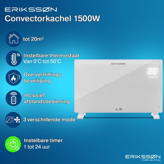 Erikssøn Elektrische Kachel - 1500W Heater - Wit