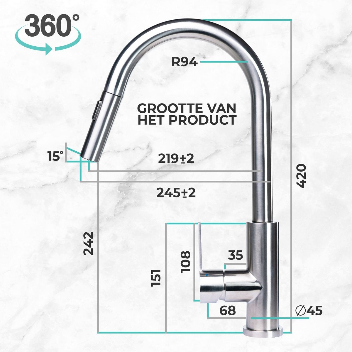 Mizzo Trigo Hoge Keukenkraan - Antibacteriële Sproeikop - 44 cm Hoog - Mat RVS
