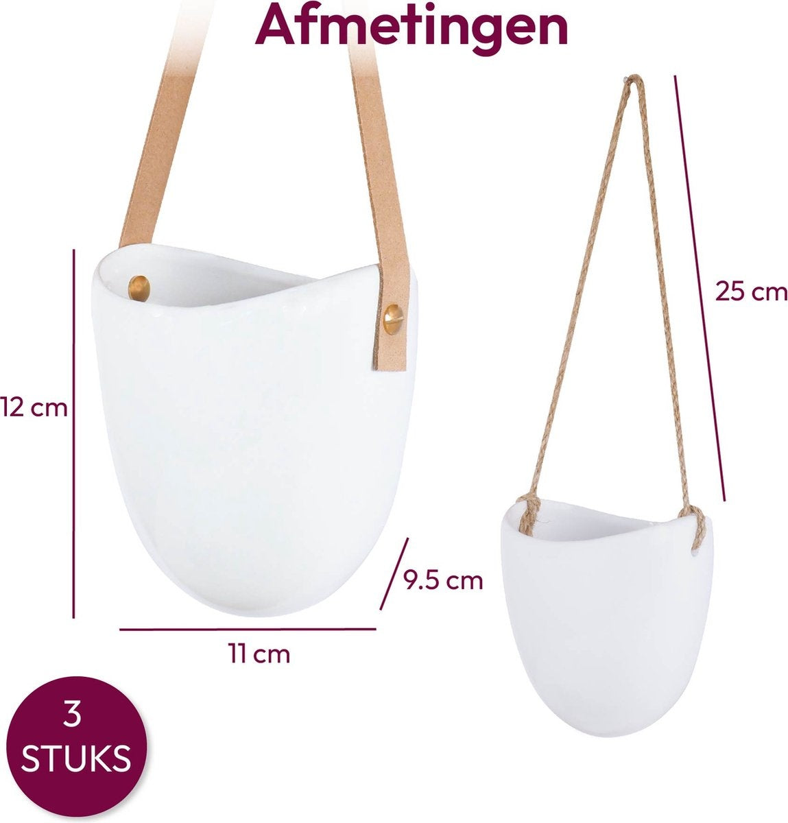 Gadgy Plantenhanger Keramiek – Set van 3 – Wit Steen- Hangpot – Hangende Bloempot Plantenpot - met 3 verschillende Koorden – 12 x 11 x 9.5 cm