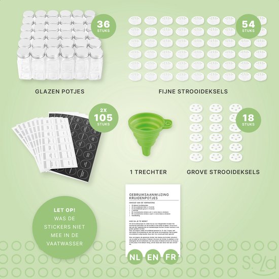 S.old - 36 Glazen Kruidenpotjes vierkant met Deksel - Kruidenstrooier - Complete set met Strooideksels, Voorbedrukte Stickers en Trechter - Inhoud 120 ml - 10,5 x 4,3 cm