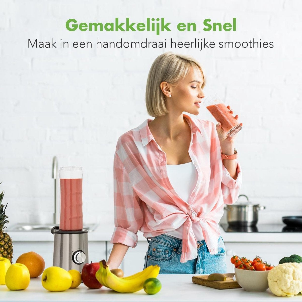 KitchenBrothers Mini Blender - Smoothie Maker - 2 To-Go Bekers - 350W - RVS