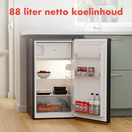 KitchenBrothers Koelkast - 88L Koelvak - 14L Vriesvak - IJskast - Koelvriescombinatie - Frigo - Vrijstaand - Zwart