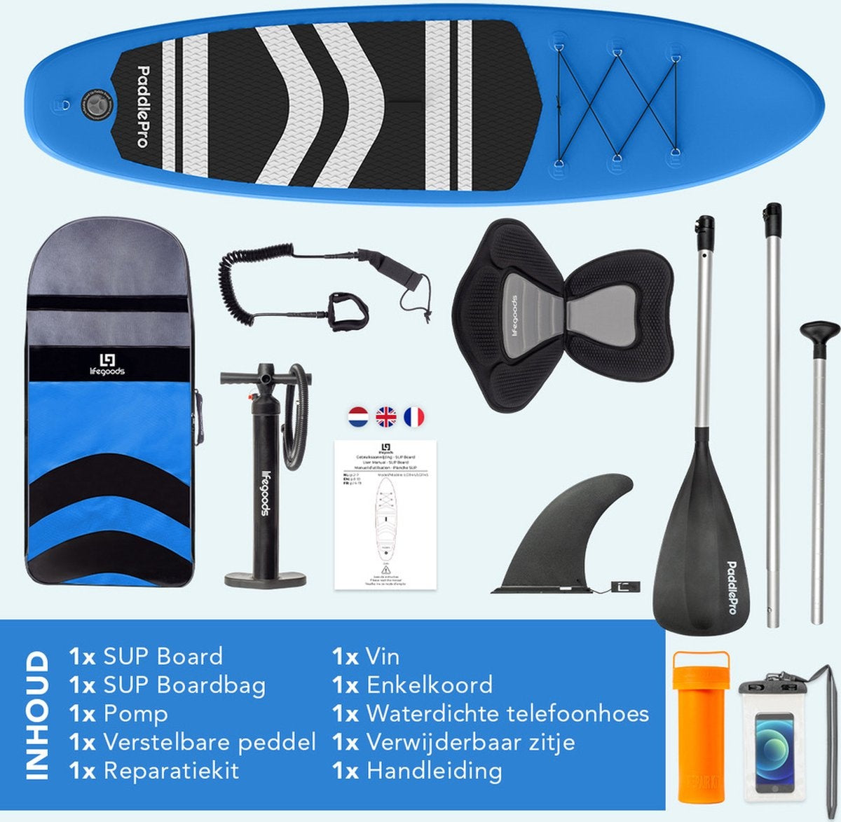 LifeGoods SUP Board - met Zitje - Opblaasbaar Paddle Board - Complete Set - Max. 135KG - 320x81cm - Blauw