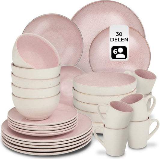 tectake® Serviesset Mare - 30-delig - Aardewerk met Glanzend Glazuur - 6 Persoons - Handgemaakt Servies - Moderne Bordenset met Grote en Kleine Borden, Kommen, Schaaltjes en Kopjes - Vaatwasser- en Magnetronbestendig - Roze