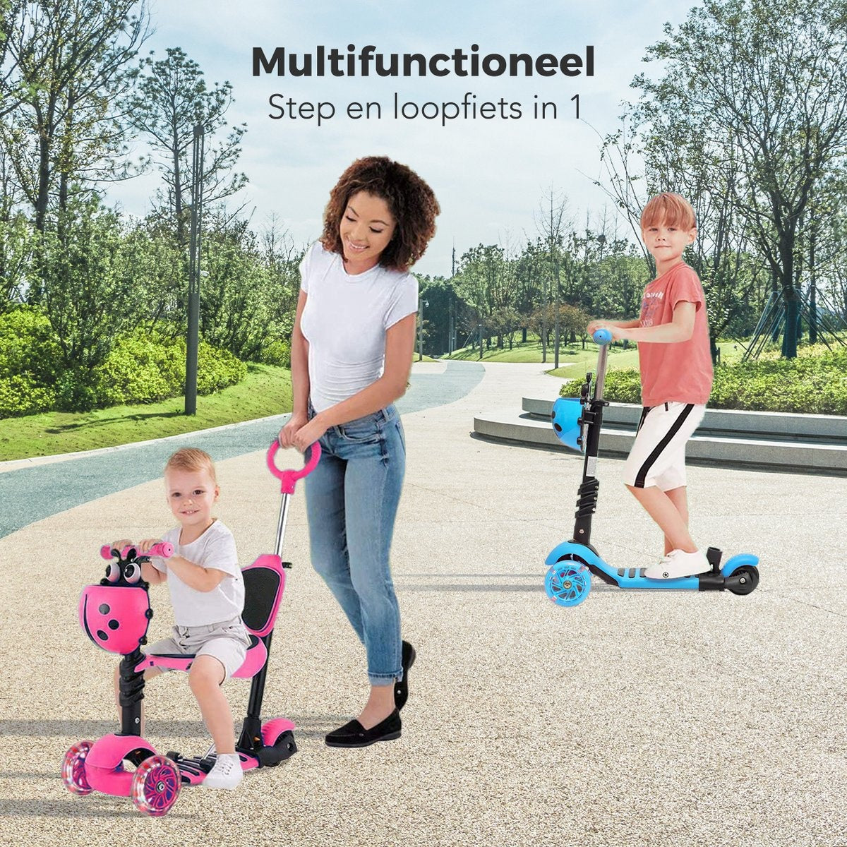 LifeGoods MultiRider - Kinderstep met Duwstang - 3 tot 8 Jaar - Jongens/Meisjes - 2 Lichtgevende Wielen - Roze