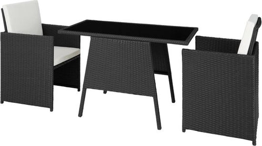 tectake® - wicker zitgroep voor 2 personen, ruimtebesparend buitenmeubilair, 2 fauteuils en 1 tafel, ideale balkonloungeset, tuinmeubelen, terrasmeubilair weerbestendig - zwart - poly-rattan