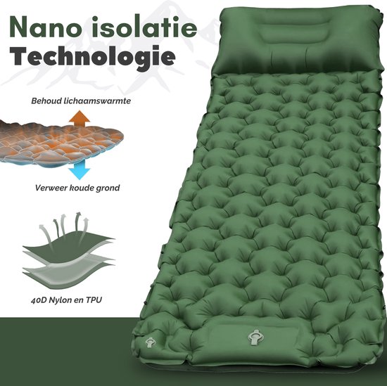 Vertrex Inflate-X1 Slaapmat met Ingebouwde Pomp - Luchtbed - 1 Persoons - Mosgroen