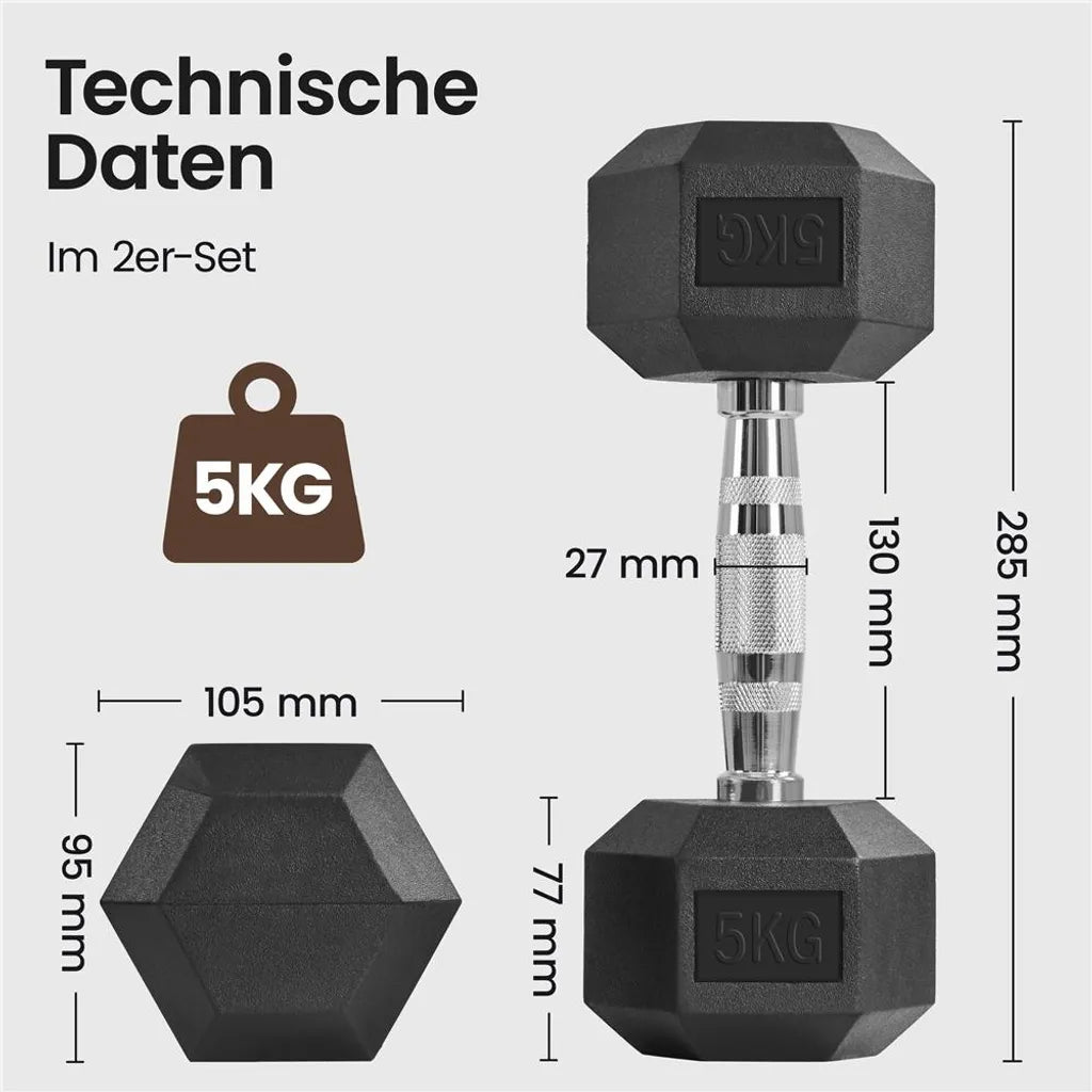Yaheetech Hex Dumbbells Set van 2 x 5 kg - Zwart - Rubberen Halters met Antislip Grip