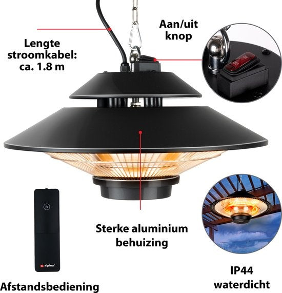 alpina Heater Terrasverwarmer - Infrarood Verwarming - IP44 Spatwaterdicht - 1500W - Zwart