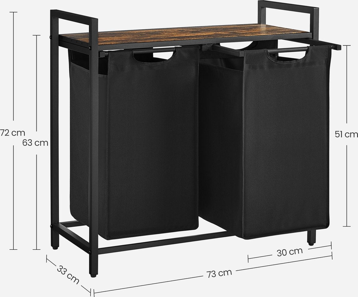 O'DADDY® Wasmand 2 vakken – uitschuifbare wassorteerder met plank - 73 x 33 x 72 cm – metaal - zwart met bruin