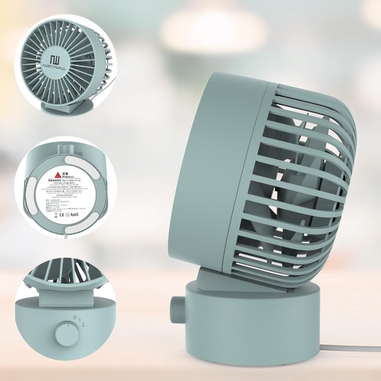 Northwall Mini USB Ventilator - Tafelventilator Blauw - Stille Mini Fan - Retro Bureau Ventilator - Klein, Stil en Geruisloos - Dual Motoren - Kantelbaar - 2 Snelheden