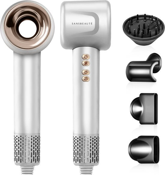 Sansbeauté® Föhn met Diffuser - Krullen - 110.000RPM - Ionische Haardroger met Borstel - 4 Opzetstukken – Reisföhn - Krul Feun Set - Sèche Cheveux - Haarföhn met Defuser - Hair Blow Dryer - 1600W