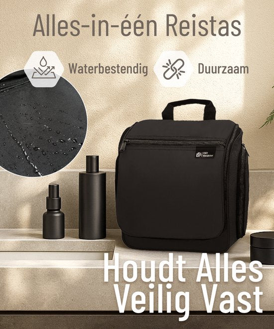 D&D Wanderlust Toilettas met Haak - Ophangbare Luxe Travel Organizer met 10 vakken - Zwart - Unisex Dames & Heren - 6 liter inhoud - Reis Toilettas Hangend Groot - Make up Tasje