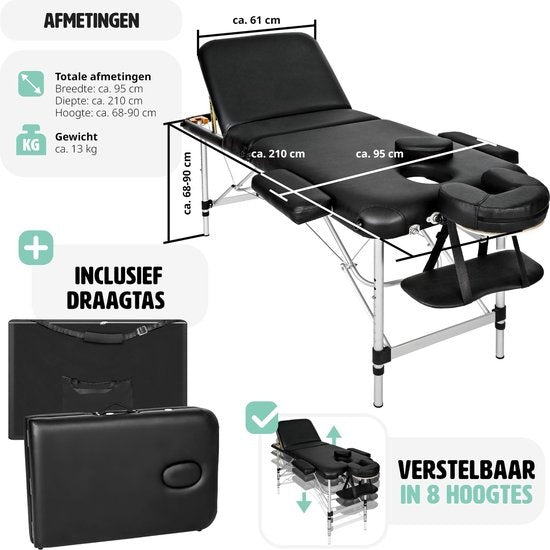 Mobiele Aluminium Massagetafel 3 Zones - Zwart - behandeltafel - behandelbank – incl. opbergtas – opvouwbaar