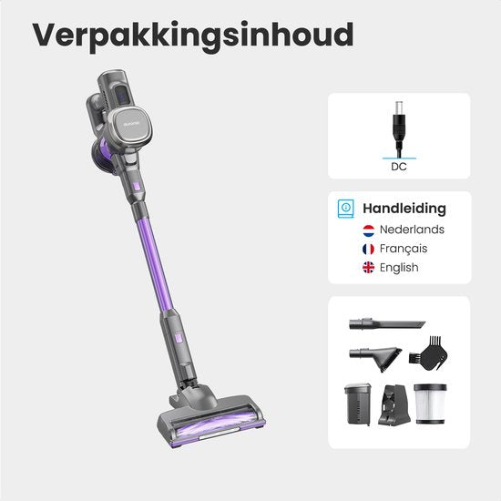 Auronic Steelstofzuiger Draadloos - Zelfstaande Steelstofzuiger - Zonder Zak - 220W - Vacuum Cleaner - Grijs/Paars