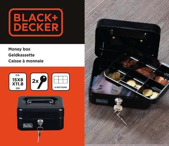 Black&Decker Geldkistje/kluisje - 2 sleutels - zwart - staal - muntbakje - 15 x 12 x 8 cm