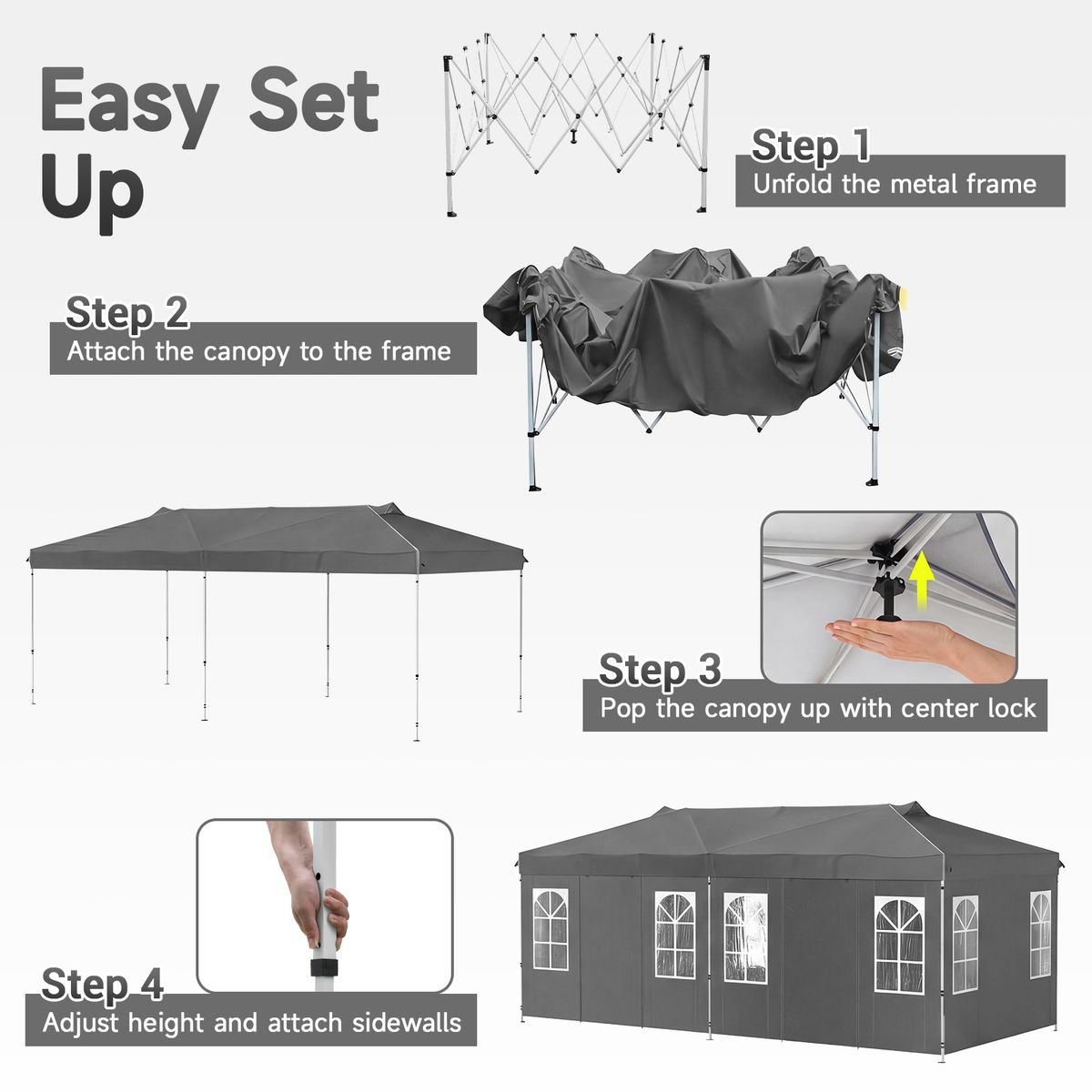 Coast Pop-up Partytent - Hoogteverstelbaar met 6 zijwanden en ramen - Grijs 3x6 meter
