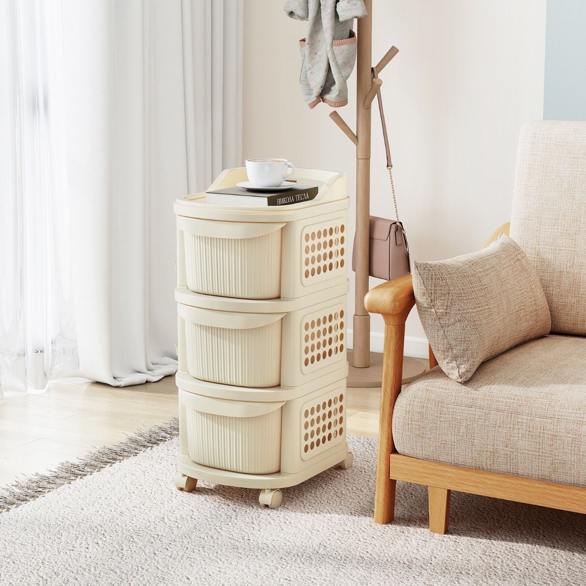 Coast Opbergkar op Wielen - 3 Lades - Met Haken - Wit 38 x 32 x 68 cm