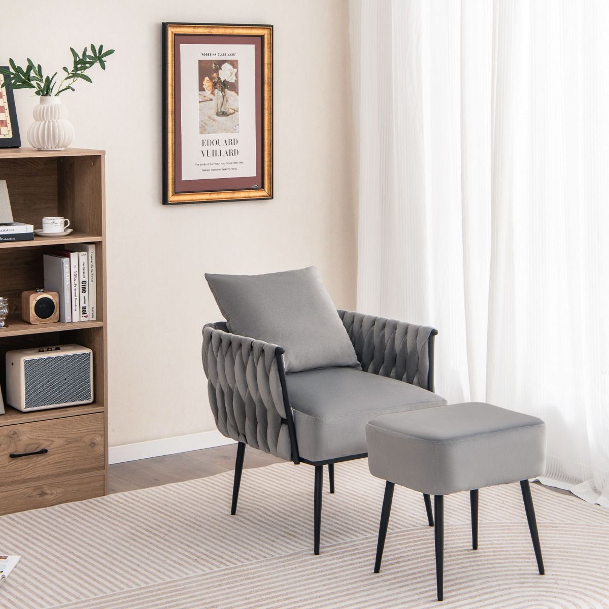 coast Moderne Nederlandse Fluwelen Bijzetstoel en Voetenbank Set – Grijs – 66x65x80 cm | 46x35x45,5 cm