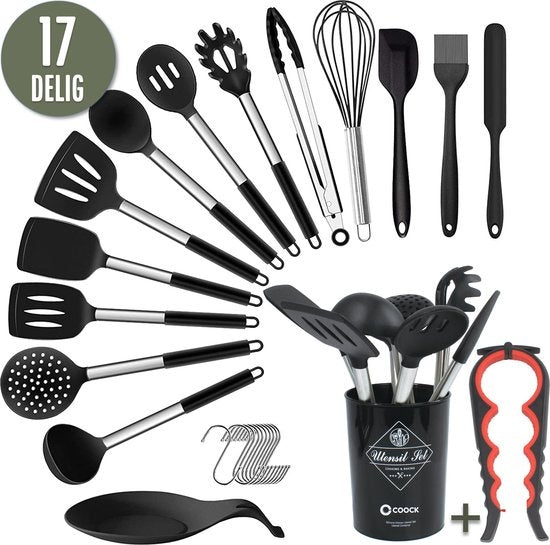 COOCK Keukengerei Set met Houder XL - Kookgerei Set 17 delig - Siliconen - BPA-Vrij & Plastic Vrij - Ophangbaar - Incl. Opener