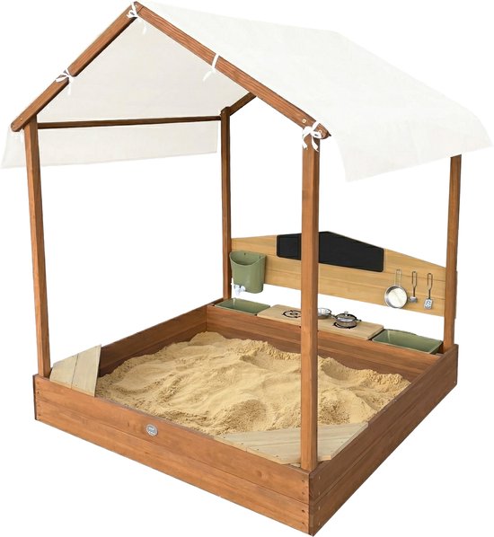AXI Meli Zandbak & Speelhuisje 120 x 120 cm met Speelkeuken – Bruin - Met Dak – FSC hout – Met Krijtbord, Watertank en 6-delig Speelgoed Kookset – Met 2 Bankjes - Inclusief gronddoek – 10 jaar garantie
