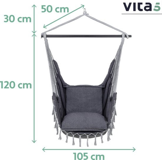 Vita5 XXL Hangstoel | Binnen&Buiten Hangnest | Incl. 2 Kussens en Boekenvak | Volwassenen&Kinderen | Hangmatstoel tot 200kg | Donkergrijs
