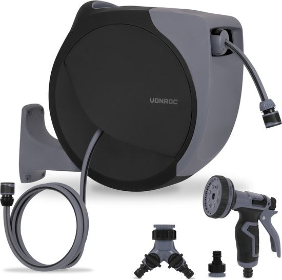 VONROC Automatische slanghaspel – wandslangbox – Incl. 30m premium tuinslang, 8-standen broespistool en koppelingen – zwart/grijs