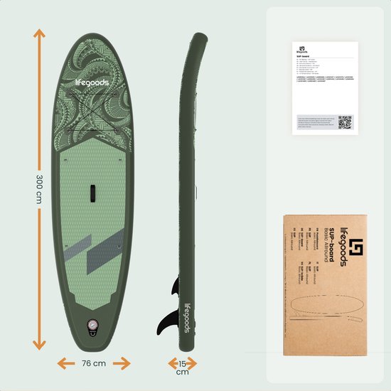 LifeGoods SUP Board Allround Compact - 100 KG Draagkracht - 300 x 76 cm - Opblaasbaar - Compleet SUP pakket - Groen/Legergroen