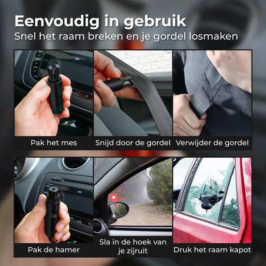Nuvance Veiligheidshamer - Noodhamer - Incl. Zelfklevende Houder en Testglas - Gordelsnijder - Auto Hamer - Veilig Onderweg - Zwart