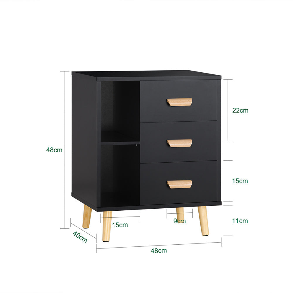 SoBuy Nachtkastje - Bijzetkastje met 3 uitschuifbare lades en 2 opbergplanken - Max. 40KG - 48 x 40 x 60 cm - Zwart