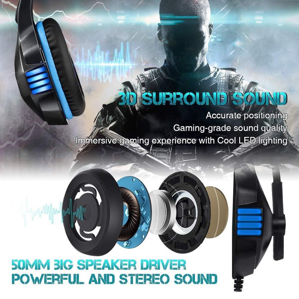 Hunterspider V3 Gaming headset - Zwart/Blauw - Geschikt voor PS4, Xbox One & Windows