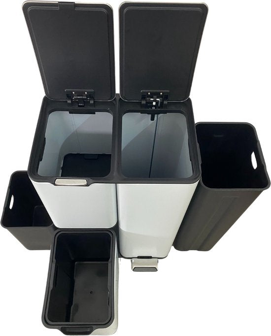 Bayt Prullenbak - Prullenbak 60 Liter - Vuilnisbak 60 Liter - Pedaalemmer 60 Liter - Prullenbak Afvalscheiding - Prullenbak 3 Vakken - Afvalbak - RVS - Wit