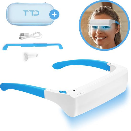 TTD® Lichttherapiebril met Wit & Blauw Licht - Verbetert Stemming, Focus, Energieniveau en Slaap - Daglichtbril - Daglichtlamp - Met Ingebouwde Timer - Oplaadbare Batterij - 100% UV-Vrij - Met Luxe Travel Case