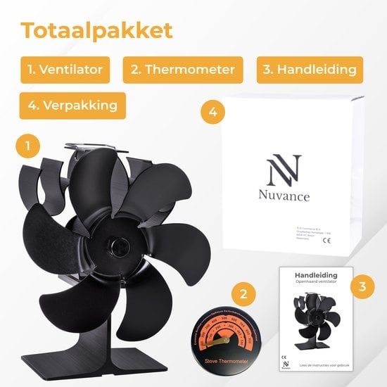 Nuvance - Kachelventilator voor Houtkachel - Inclusief Thermometer - Haardventilator - Kachel Ecofan - Warmte Ventilator - Zwart