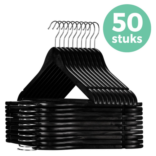 LifeGoods Kledinghangers - Met Broeklat - Hardhout - Zwart - 50 Stuks