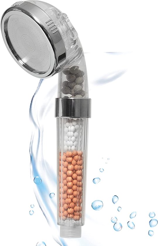 Aquadon Shower Hero - Waterbesparende Douchekop met natuurlijke Minerale parels - drie Waterstraalsterktes - voor alle gangbare Doucheslangen - 3 Straalsoort - Verhoogt de Waterdruk - bespaart Water