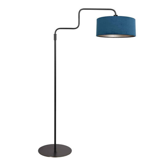 Zwarte Vloerlamp Bloeba 4169ZW van Steinhauer met verstelbare hoogte (150-165 cm) en uitrekbare zwenkarm tot 66 cm, metalen basis met blauwe velours kap Ø40cm, trendy design voor binnen.