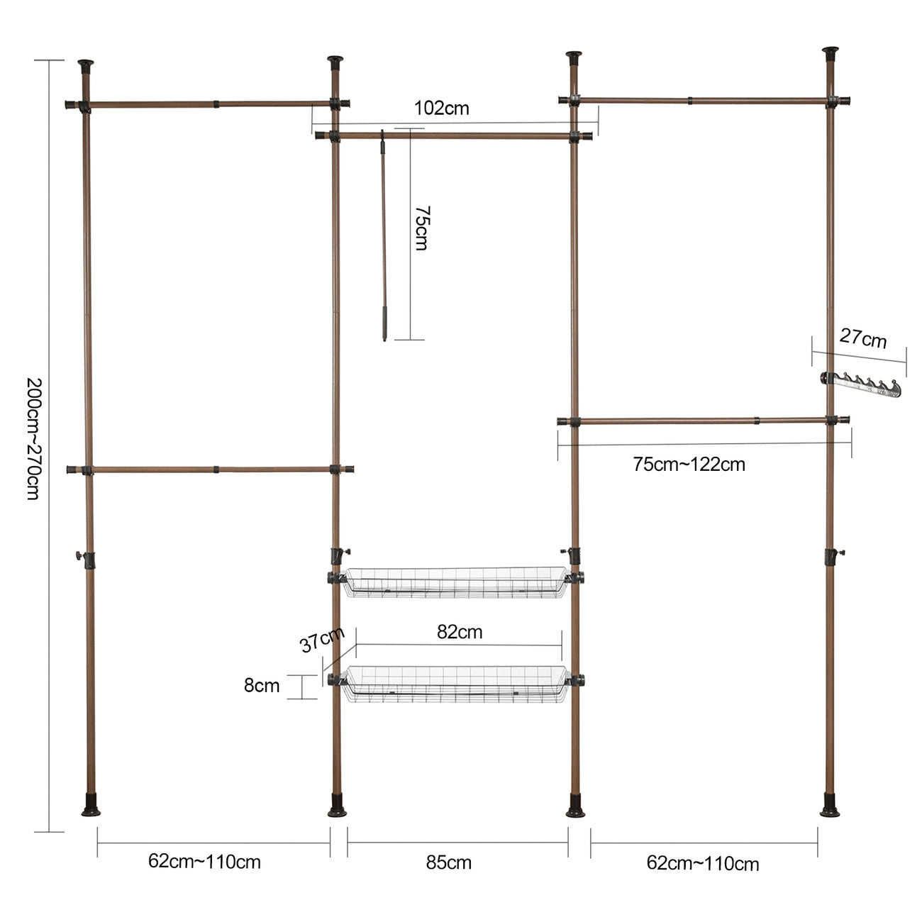 SoBuy Kledingrek - 4 Rekken - Verstelbaar - 305 x 5 x 270 cm - Bruin