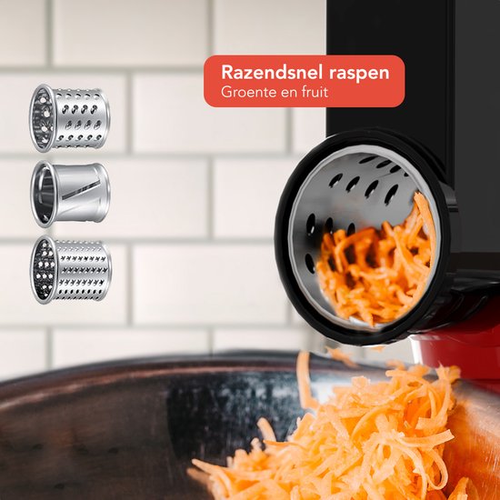 KitchenBrothers Keukenmachine - 6-in-1 Keukenrobot - 1500W - Met Gehaktmolen, Blender en 15 Accessoires - 6,2L RVS Kom - Rood