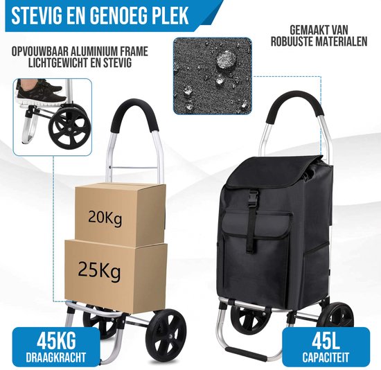 Strex Boodschappentrolley met Wielen - Opvouwbaar - Afneembare Boodschappentas - Boodschappenwagen