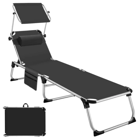 tectake Aluminium Ligstoel Aurelie Zwart – 60 x 189 cm – Opvouwbaar met Zonnedak
