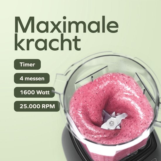 KitchenBrothers 2-in-1 Power Blender - 1600W - BPA-vrij - 2L - Complete Set met Hakmolen en To-go Beker - Smoothie Maker - IJscrusher - Zwart