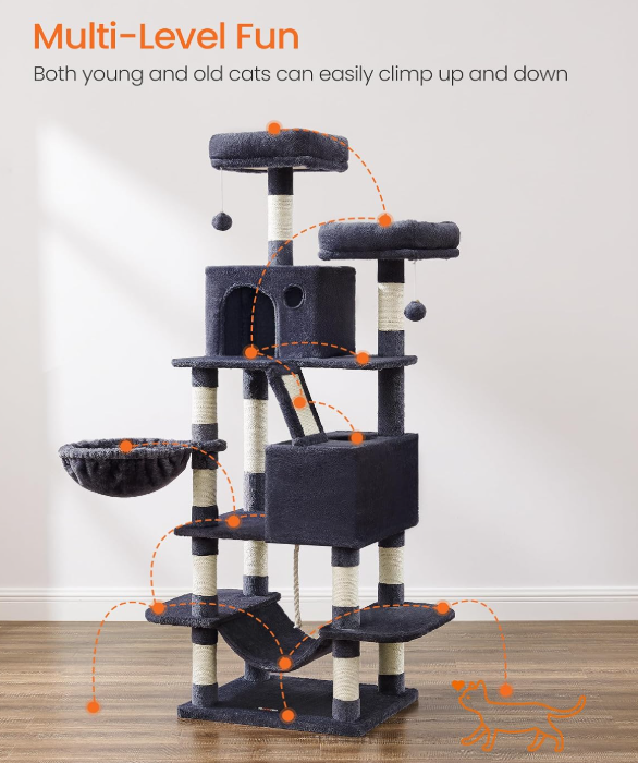 Songmics Krabpaal 168 cm - Kattentoren met 13 Krabpalen - Rookgrijs