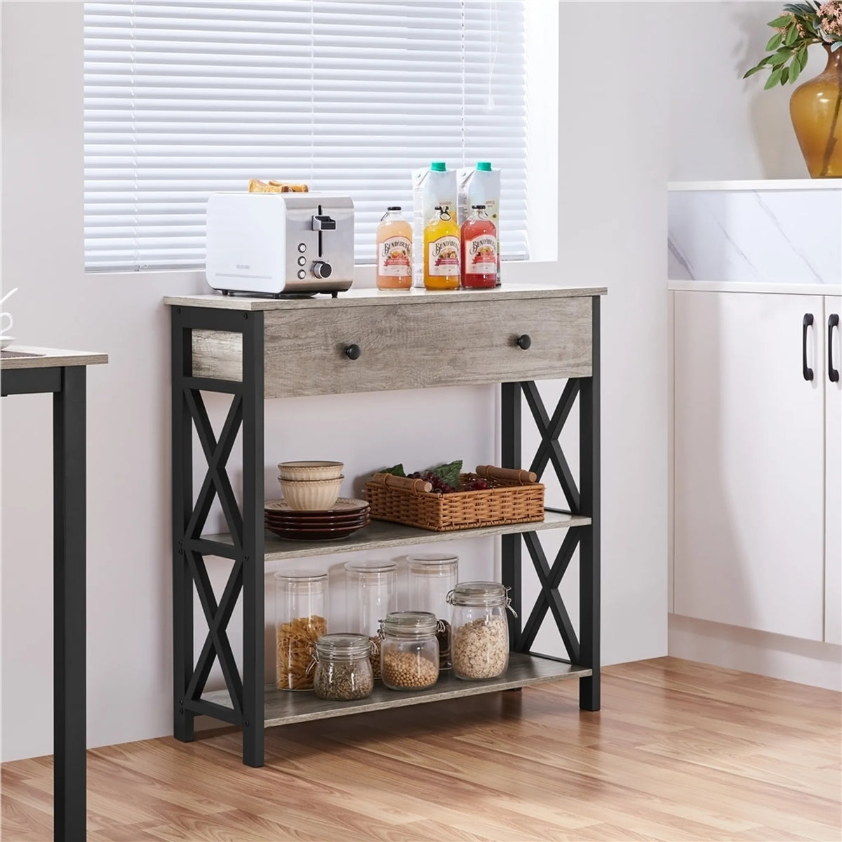 Yaheetech Wandtafel 80x29,5 cm met Schuiflade en 2 Legplanken – Grijs – MDF en Metaal