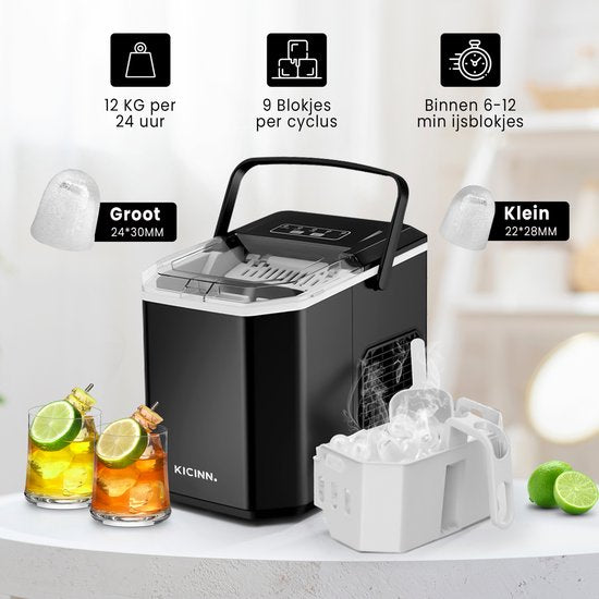 Kicinn IJsblokjesmachine - IJsblokjes Machine - IJsblokjesmaker - IJsschep - 12kg/24uur - Zelfreinigingsfunctie - Zwart