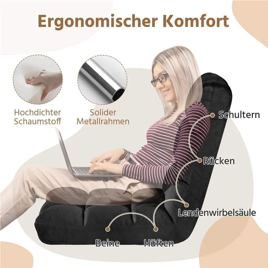 Yaheetech Floor Chair 111,5 x 53 x 57 cm Zwart 14-Positie Verstelbare Rugleuning Gaming Relaxstoel