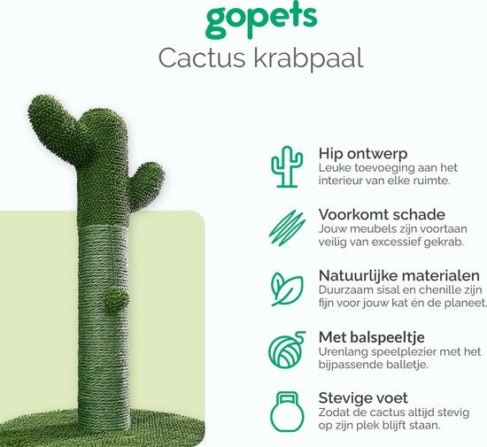 Gopets Krabpaal Katten - Cactus Krabpaal met Touw - Krabplank modern design - Krabmeubel met Speeltje - 65cm