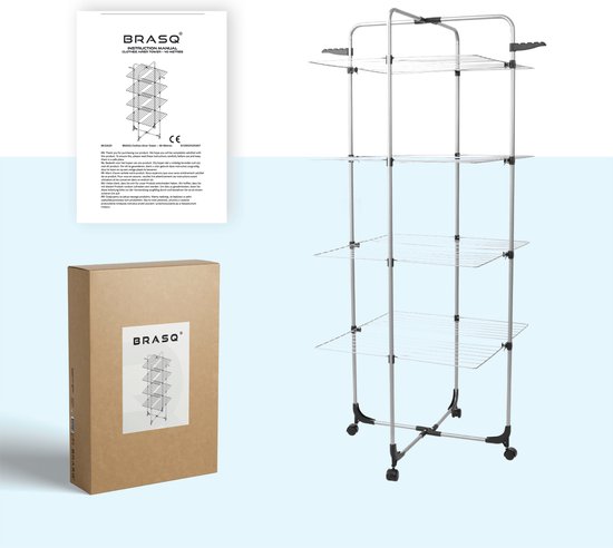 BRASQ Droogtoren 4 Lagen - Drooglengte 40 Meter - Droogrek met Wieltjes en houders - Wasrek - Wastoren 68x68x169 cm - Wit